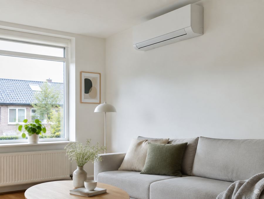 Binnenunit van een airco in een moderne woonkamer