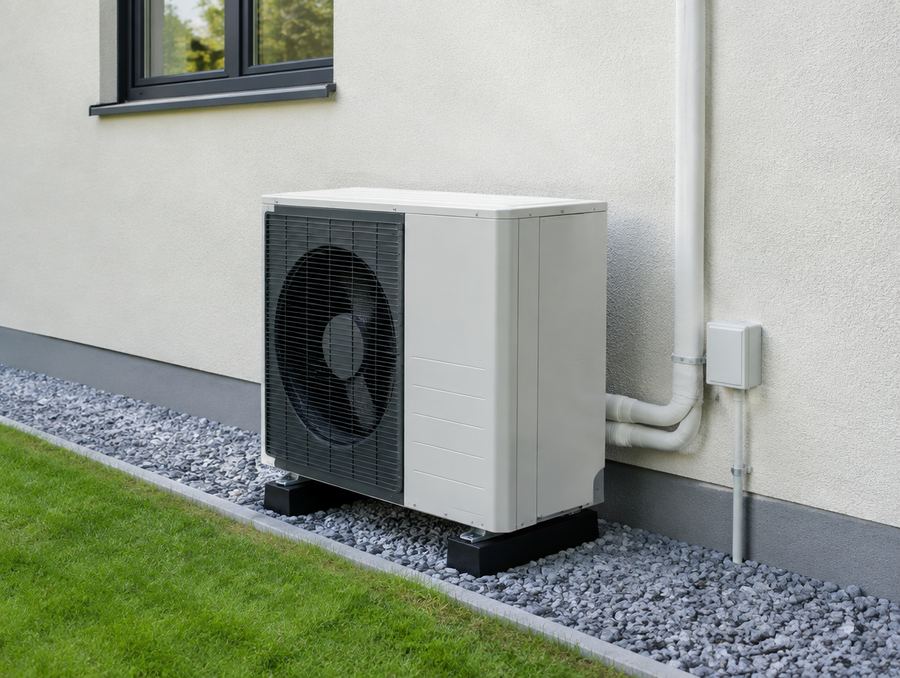 Afgewerkte buitenunit van een airco naast een woning