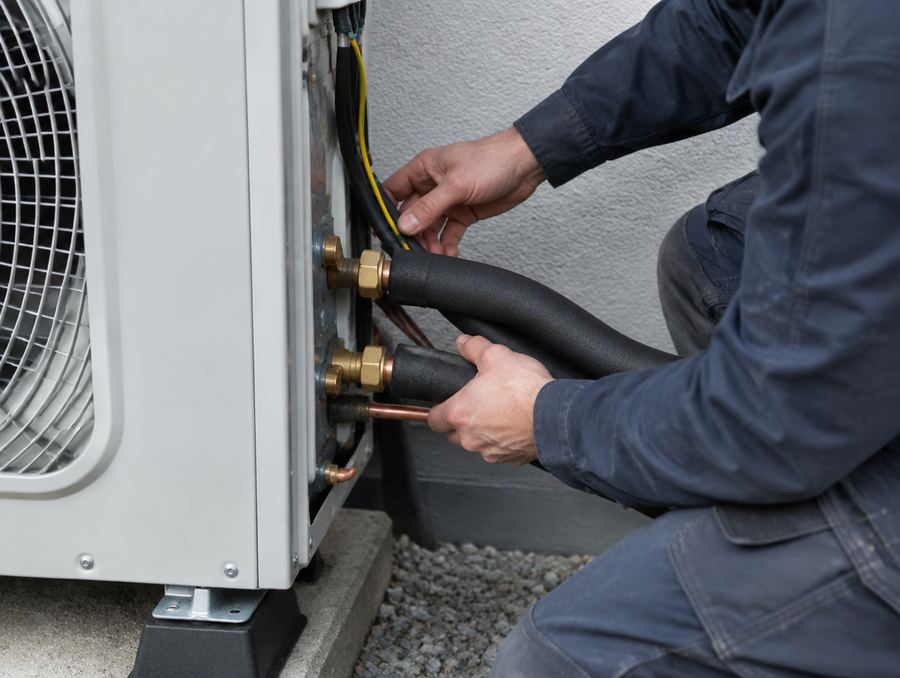 Installateur sluit de leidingen van een airco aan
